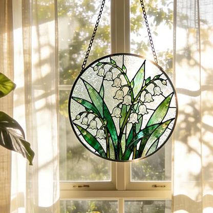 Lily of The Valley Flower Stained Glass Window Hanging, Spring Floral Botanical Suncatcher Indoor Window Glass Round Wall Art Decor, 7.9x7.9 Inch