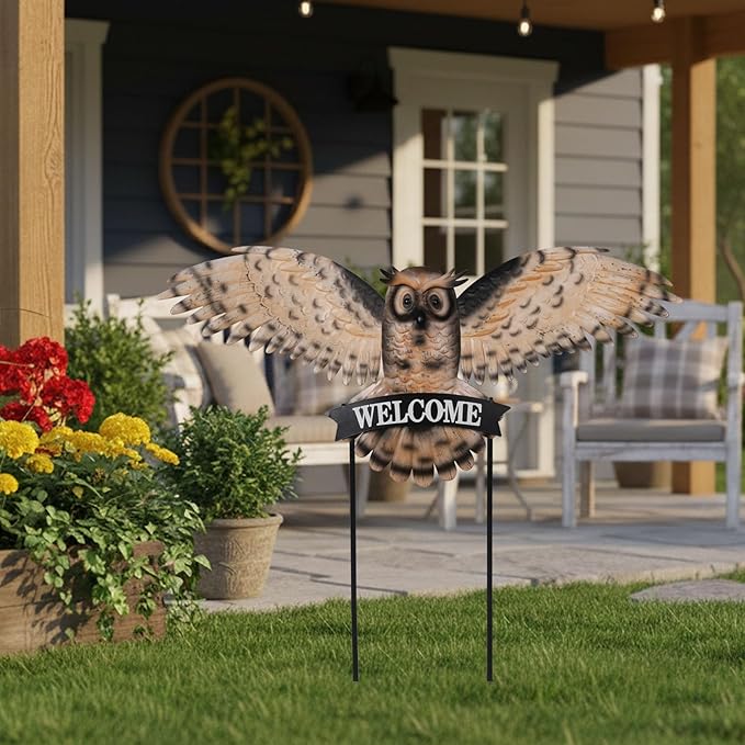 Decorative Garden Stakes Large Vintage Owl with Welcome Sign for Front Door 37.2W*35.2H, Metal Yard Art Oversized Rustic Lawn Ornaments Outdoor Decor for Mothers Day Garden Gifts