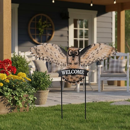 Decorative Garden Stakes Large Vintage Owl with Welcome Sign for Front Door 37.2W*35.2H, Metal Yard Art Oversized Rustic Lawn Ornaments Outdoor Decor for Mothers Day Garden Gifts