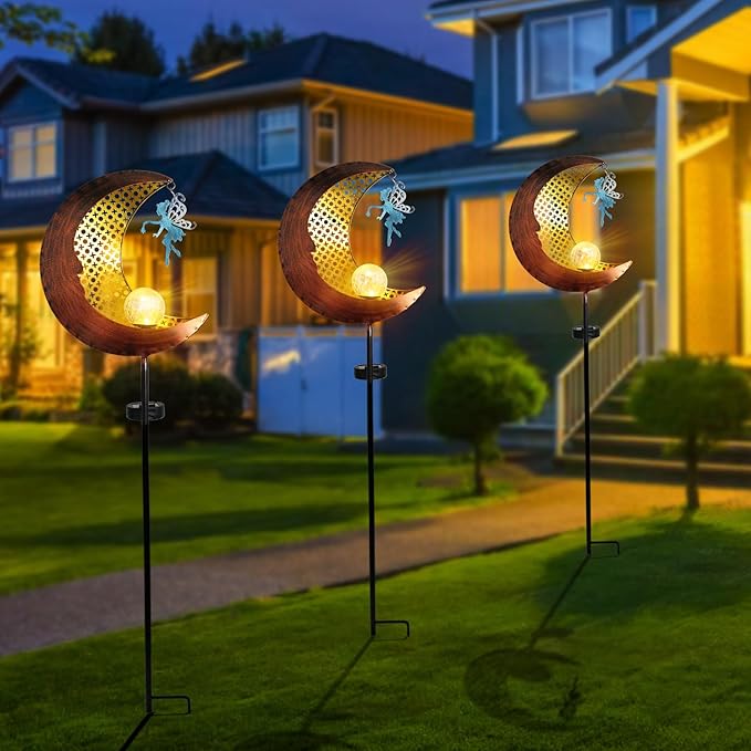 Bshine Moon Solar Light Outdoor Garden Decor, Moon Fairy Garden Statue Decor,Metal Waterproof Light Stake for Patio, Path, Yard and Lawn Ornament, Housewarming Gift for Mom,Bronze