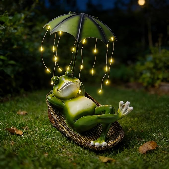 Solar Frog with Umbrella Statue - LED Solar Powered Garden Decor, Auto On/Off Waterproof Resin Outdoor Sculpture for Patio, Yard, Pond, Unique Gardening Gifts for Women & Mom