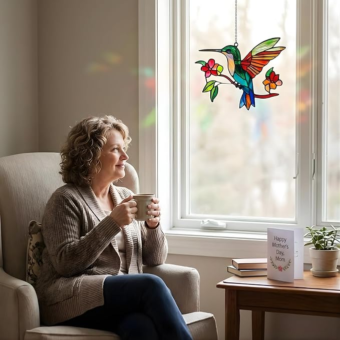 Floral Hummingbird Handmade Resin Suncatchers, Artisan Sun Catcher Stained Glass Effect Window Hummingbird Ornaments Window Hanging Garden Decor, Gifts for Mother's Day, Mom, Grandma, Wife, Women