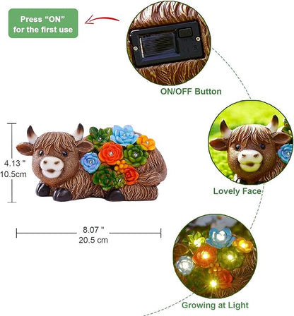 Highland Cow Garden Statues with Succulent: Outdoor Decor with Lights for Patio Balcony Yard Ornament - Unique Gifts for Mom Grandman Woman(Brown)