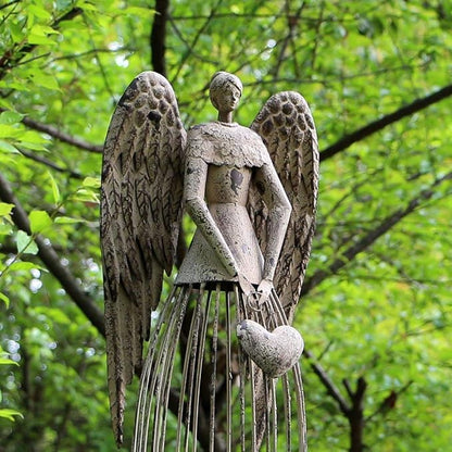 Morning View Metal Angel Statue Decor for Garden Yard Art Outdoor Standing Large Angel Decorations with Heart Antique Patio Patio Lawn Holiday Christmas 32 Inches Tall