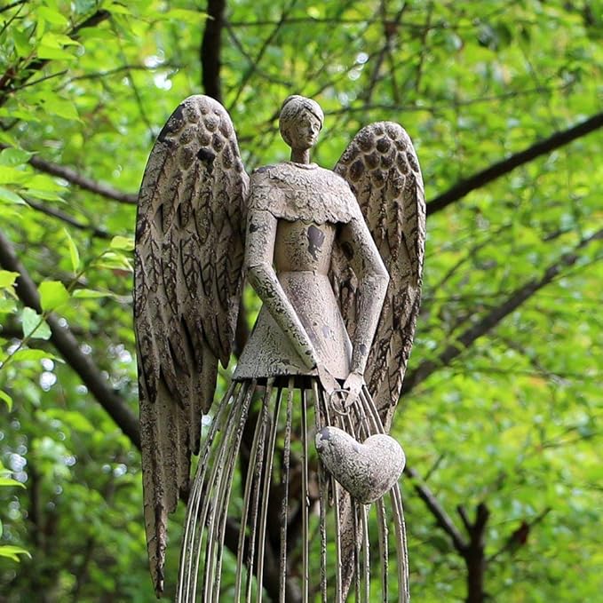 Angel Garden Statue with Heart, Outdoor Antiqued Metal Yard Art Decor Lawn Patio Decorations Garden Trellis for Climbing Plants Potted Vines Ivy Roses Gift Idea For Christmas, 32’’H (Heart)