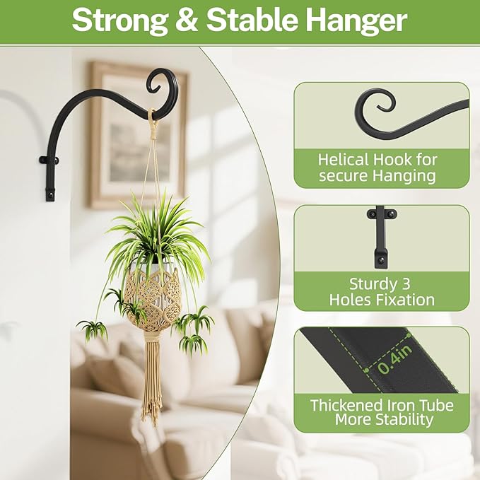 iDavosic.ly Plant Hangers Outdoor 2-Pack, 11.8 Inch Heavy Duty Iron Wall Brackets for Hanging Plants, Baskets, Bird Feeders, Lanterns, Wind Chimes, Indoor Metal Hooks for Garden Porch Patio, Black
