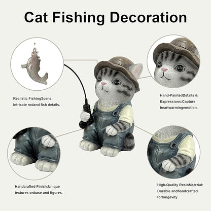 GARDEN WHISPER Cat Statue Outdoor Koi Pond Garden Decoration, Grey Cat Decor for Yard 7.1'' Fishing Tabby Statue Outdoor Garden Decor, Fishing Guy for Waterfalls or Koi Pond Additioanl, Gifts for Mom