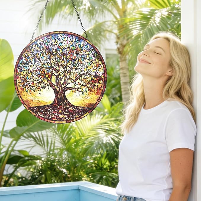 Stained Glass Window Hanging - Colorful Tree of Life Suncatcher with Metal Chain, Glass Panel Ornament for Home Window Wall Indoor Outdoor Decor Gift