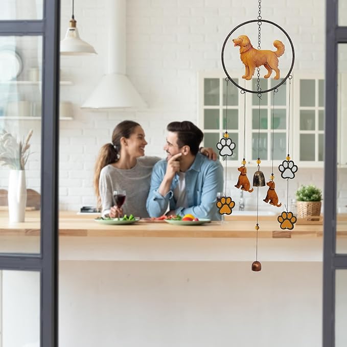 CoTa Global Golden Retriever Dog Wind Chime - Dog in Round Frame Hanging Decor with Bronze Tone Wind Chime Tubes and Round Wind Catcher, Indoor Outdoor Porch Patio Yard Garden Decoration - 35 Inches