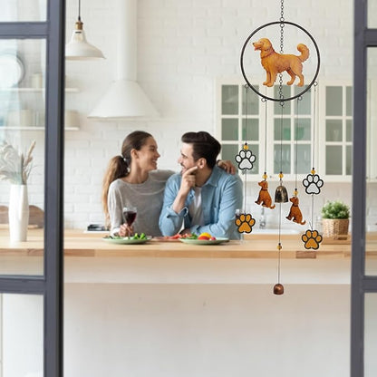 CoTa Global Golden Retriever Dog Wind Chime - Dog in Round Frame Hanging Decor with Bronze Tone Wind Chime Tubes and Round Wind Catcher, Indoor Outdoor Porch Patio Yard Garden Decoration - 35 Inches