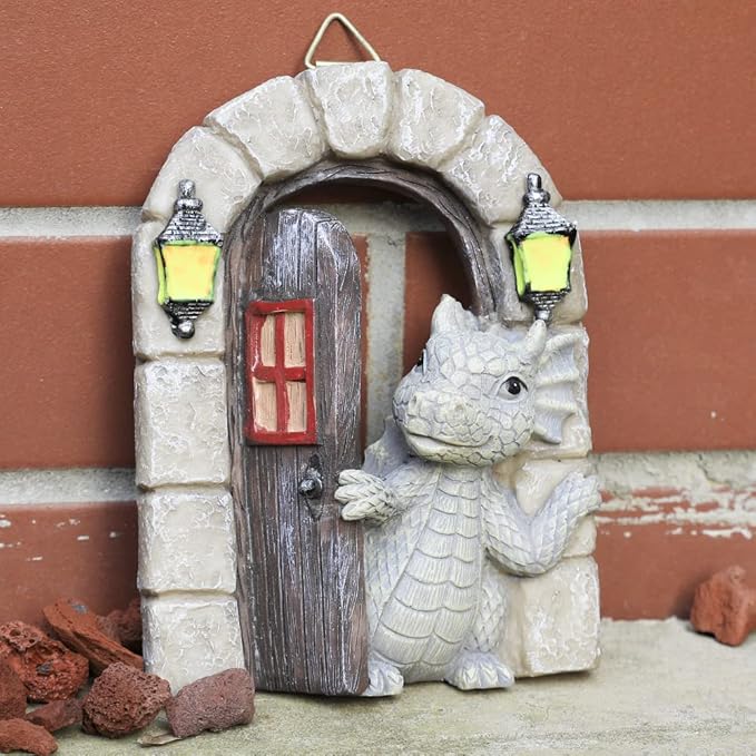 SHOWFEICAT Dragon Garden Ornament Resin Craft Ornament Statue Fairy Door Yard Art Outdoor and Garden Solar Light Luminous Sand Open Door Dragon Wall Statue Outdoors Decor (Open The Door)