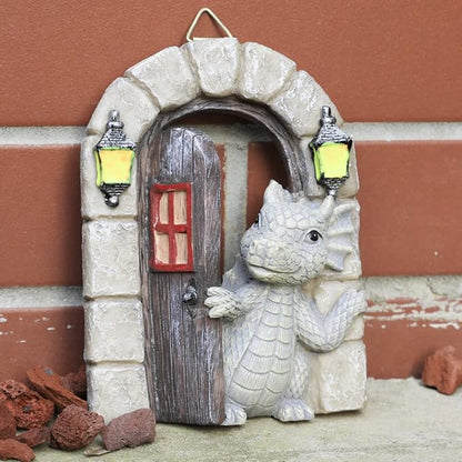 SHOWFEICAT Dragon Garden Ornament Resin Craft Ornament Statue Fairy Door Yard Art Outdoor and Garden Solar Light Luminous Sand Open Door Dragon Wall Statue Outdoors Decor (Open The Door)