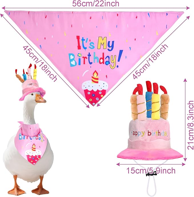 Happy Birthday Porch Goose Outfits with Birthday Cake Hat and Bandana for 17" 23" Cement Lawn Goose Statue Costume for Luau Party Outdoor Garden Yard Decor (Pink)