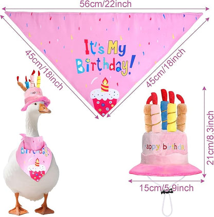 Happy Birthday Porch Goose Outfits with Birthday Cake Hat and Bandana for 17" 23" Cement Lawn Goose Statue Costume for Luau Party Outdoor Garden Yard Decor (Pink)