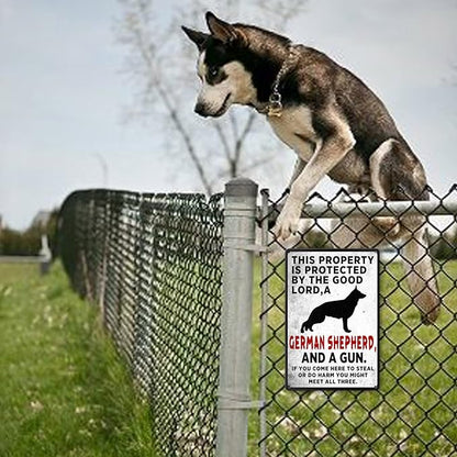 Beware Of Dog Sign Warning Signs For Fence German Shepherd Sign This Property Is Protected By The Good Lord Funny Metal Tin Yard Signs Highly Trained Large Dogs Sign Outdoor House Signs 8 X 12 In