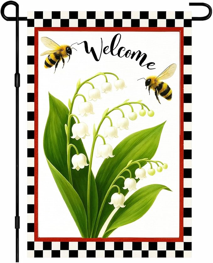 IVN Welcome Garden Flag 12x18 Inch Double Sided Spring Summer Garden Yard Flags Lily of the Valley Bees Decorative Small Flags for Outdoor Seasonal Front Door Lawn Porch Patio Decor Yard Flag