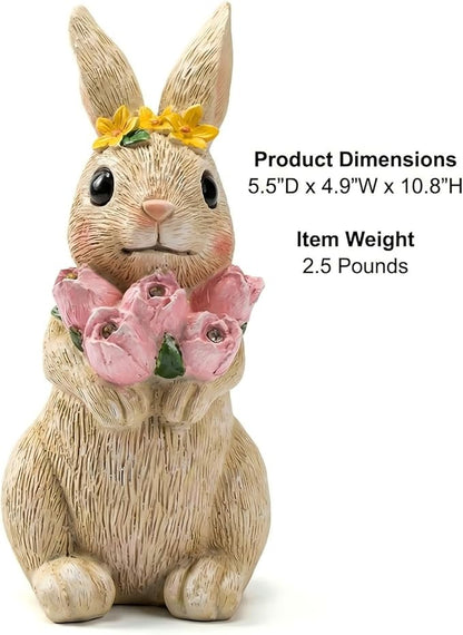 Solar Garden Statues Outdoor Decor,Rabbit Statue with Flowers and 5 LED Lights,Yard Decorations for Patio, Balcony, Backyard, Lawn Ornaments,Unique Birthday House Warming Gifts for Women, Mom, Grandma