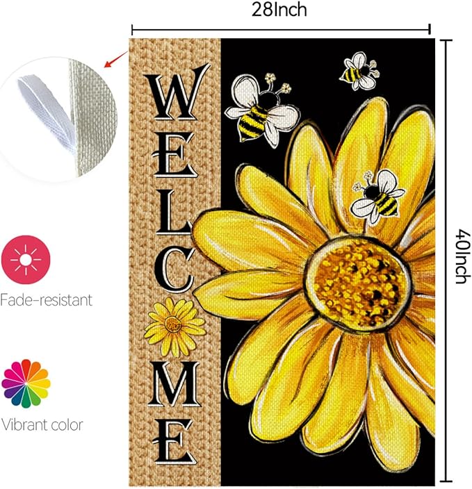 CROWNED BEAUTY Spring Summer House Flag Daisy Bee Double Sided 28x40 Inches Large Burlap Welcome Holiday Seasonal Yard Decoration for Outside Porch