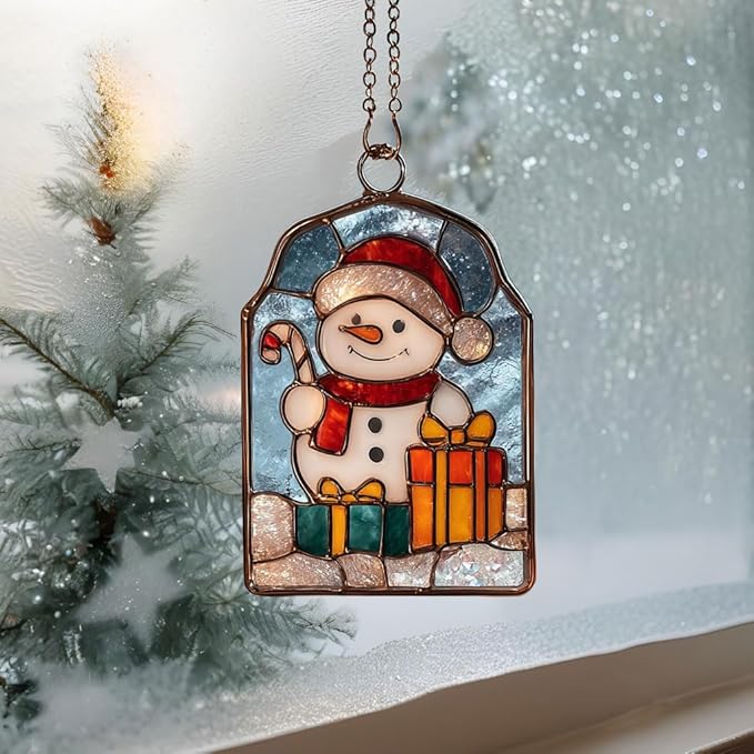 Cute Snowman Giving Presents Acrylic Suncatcher Stained Glass Effect Window Car Hanging Christmas Ornament Indoor Outdoor Decor Garden Sun Catcher Panel for Women Mom Grandma