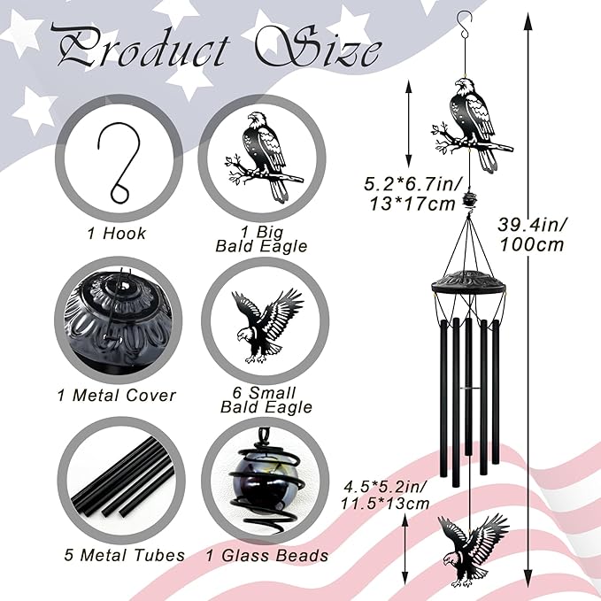 40" Large Bald Eagle Wind Chimes for Outside - Deep Soothing Tone Premium Metal Hanging Decor for Garden, Porch, Balcony. Perfect Housewarming Gift for New Home, Dad, Mom & Family
