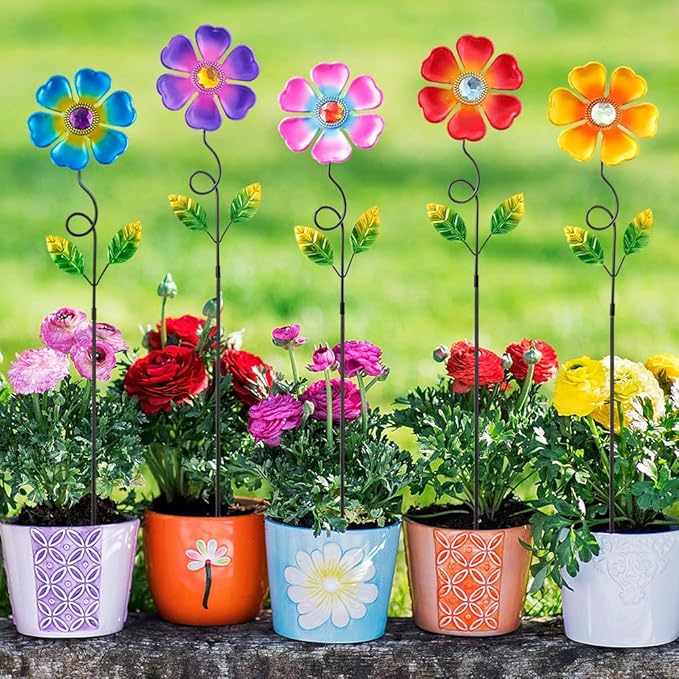 Garden Decor for Outside,Multi-Color Metal Flower Yard Art Decorative Stakes 5 pcs Lawn Ornaments Front Yard Spring Outdoor Porch Pathway Decor
