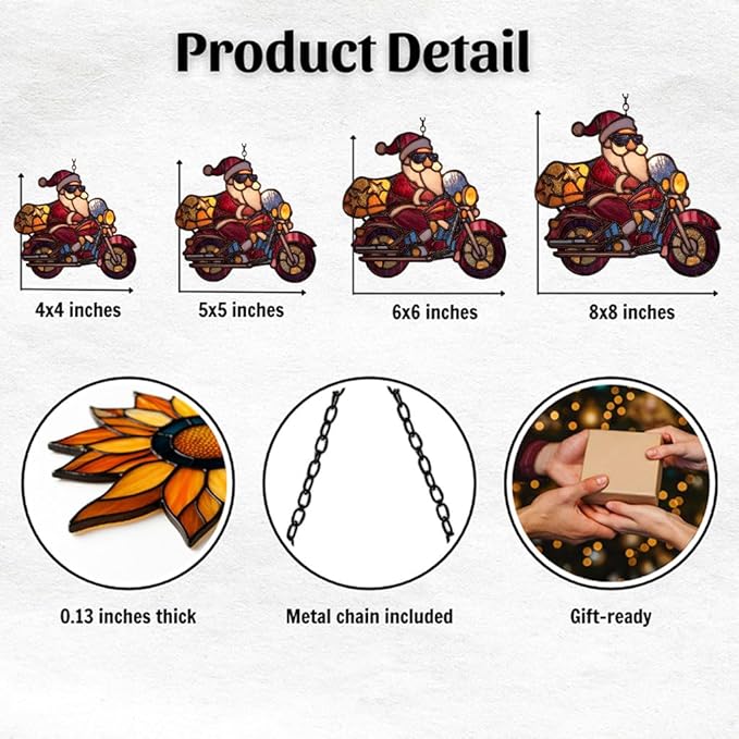 Cool Santa Riding Motorcycle Mosaic Acrylic Suncatcher Stained Glass Effect Window Car Hanging Christmas Ornament Indoor Outdoor Decor Garden Sun Catcher Panel for Women Mom Grandma