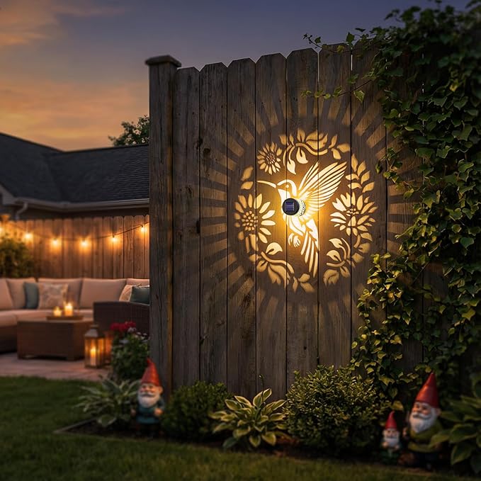 2 Pack Solar Fence Lights Metal Solar Powered Outdoor Wall Deck Step Lights Hummingbird Floral Theme Waterproof Fence Light for Garden Post Patio Backyard Yard Decor, Gardening Gifts for Women Mom