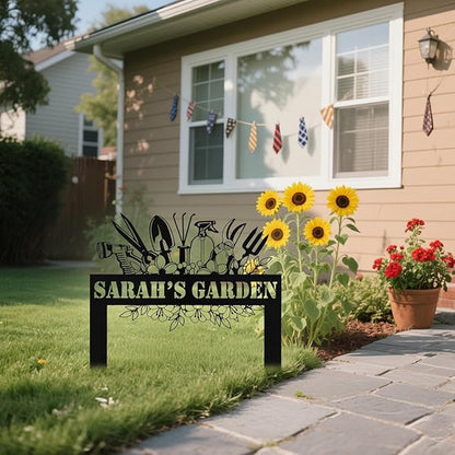 Personalized Metal Garden Signs with Stake, Custom Garden Tool Signs for Outside Waterproof, Customized Name Sign Yard Lawn Gardens Decor Gardening Gifts for Moms Grandmas Gardeners
