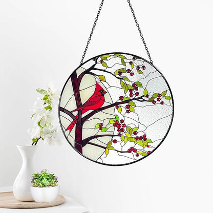 Stained Glass Window Hanging Sun Catcher 11.8”- Cardinal in Full Moon Stained Glass Suncatcher, Red Berry Tree, Nature, Indoor Decor, Wall Art, Gifts for Women