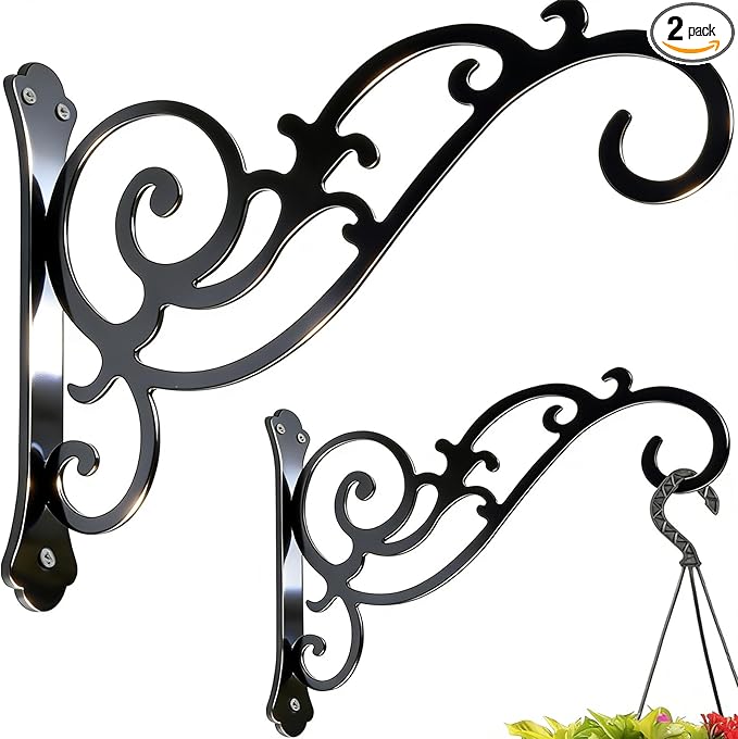 2 Pcs Hanging Plant Bracket Wall Hook Hanging Plant Brackets 8-Inch Black Iron Plants Indoor/Outdoor Planter Hangers Hooks for Hanging Lanterns,Bird Feeders,Wind Chimes