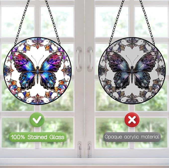 Butterfly Suncatcher Stained Glass Window Hanging - 8″ Handmade Colorful Rainbow Suncatchers for Windows Hanging - Sun Catchers Wall Decor Glass Panel - Christmas Birthday Gifts for Women Men Mom