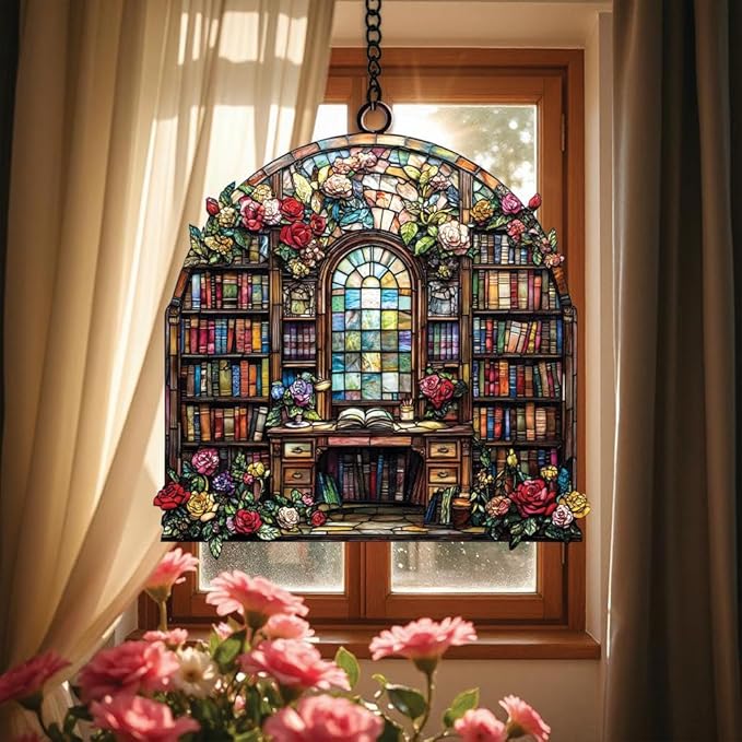 Flower Bookshelf Acrylic Suncatcher, Bookish Suncatchers for Window Hanging Ornament, Art Garden Decor for Book Lover Reader Bookworm, Gifts for Mother's Day, Mom, Grandma, Wife, Women, Nana