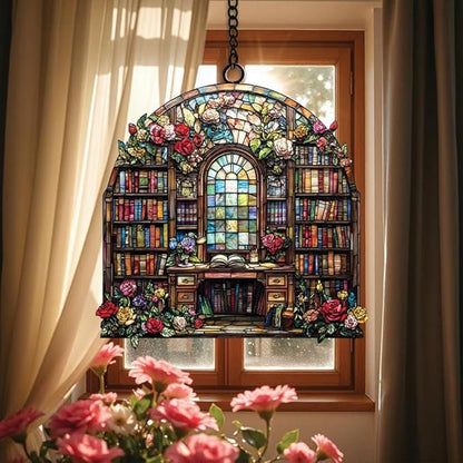 Flower Bookshelf Acrylic Suncatcher, Bookish Suncatchers for Window Hanging Ornament, Art Garden Decor for Book Lover Reader Bookworm, Gifts for Mother's Day, Mom, Grandma, Wife, Women, Nana
