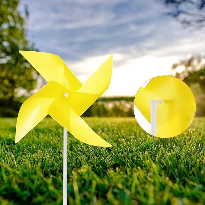 HARFINGTON 50pcs Windmills for The Yard Garden 15" x 7.5" 4 Leaves Pinwheels Wind Mills Spinners Windproof Waterproof Bird Devices with Stakes for Patio Decor, Yellow