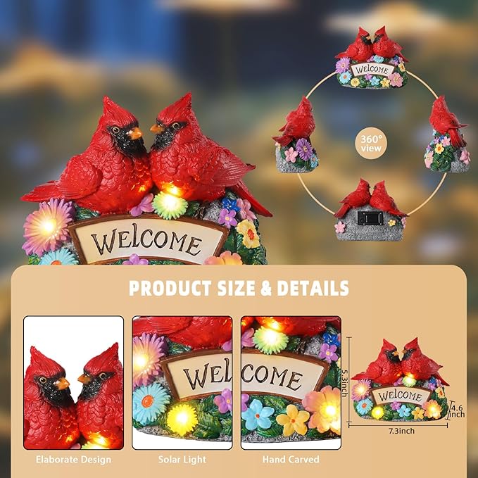 Solar Garden Statues 5.3" Couple Red Cardinal Figurines with Welcome Sign Waterproof Flower Garden Decor LED Lights for Outdoor Yard Patio Lawn Gifts for Mother Grandma Wife Sister Women