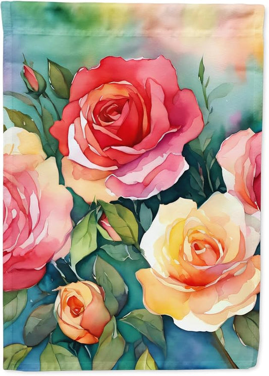 Caroline's Treasures Oklahoma Roses in Watercolor House Flag Large Porch Sleeve Pole Decorative Outside Yard Banner Artwork Wall Hanging, Polyester, House Size, Multicolor