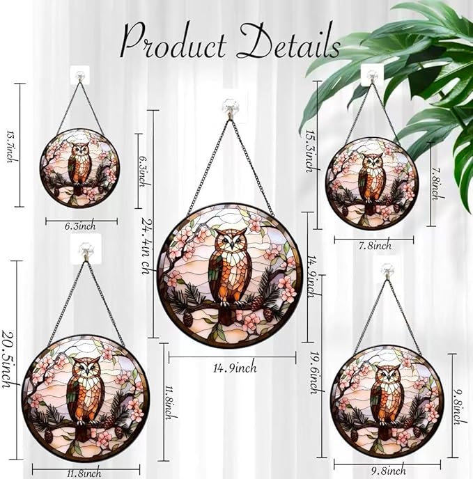 Stained Glass Window Hanging - The Owl is on The Branch of The Pine Tree 6.3 Inches Suncatcher for Garden Home Decor for Women Mon Grandma Friends