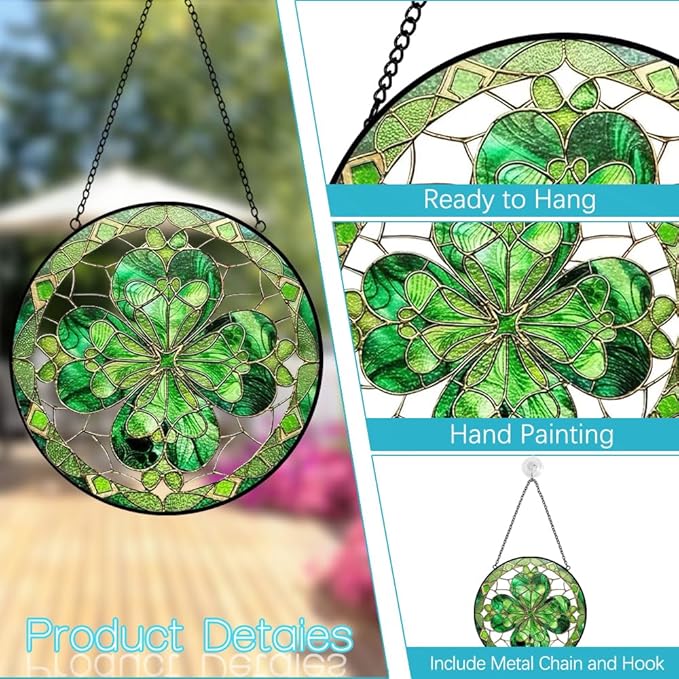Four-Leaf Clover Suncatcher Stained Glass Window Hanging - 8 Inch Green Clover Sun Catchers Shamrock Suncatchers for Windows Hanging - St Patricks Day Decorations Glass Panel Irish Gift for Women Men