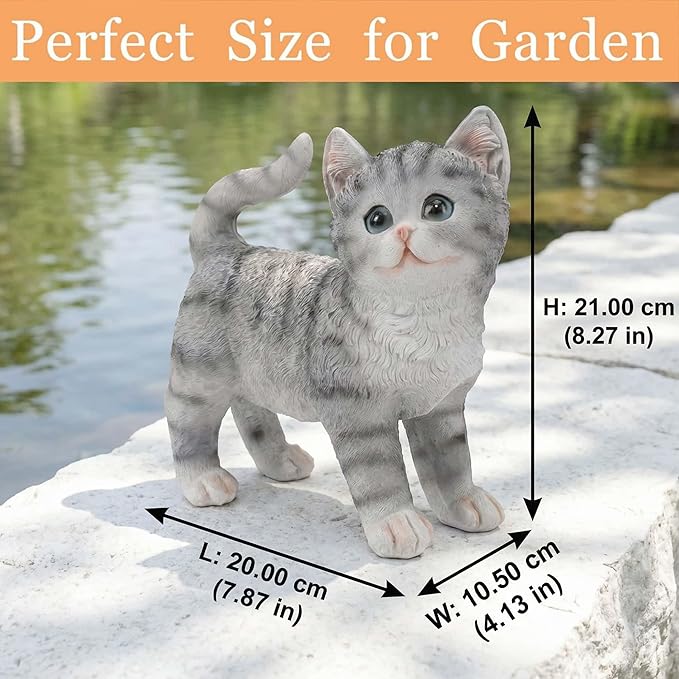 Real Grey Tabby Garden Statue - Resin Realistic Cat Sculpture, Pet Loss Memorial Stone, for Cat Lovers, Indoor/Outdoor Decor, Animal Figurine for Yard Ornaments