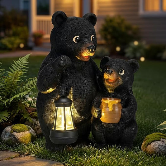 Lavezee Garden Bear Statues, Mother and Baby Bear Figurines with Solar Lantern for Outdoor Porch Yard Lawn, Unique Bear Gifts for Mom Grandma Women