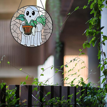 Cute Ghost Plant Stained Glass Sun Catcher Window Hanging Plant Lovers Gifts for Women Wall Decor Handmade SunCatcher Decoration for Garden Home Decor, 7.87inch