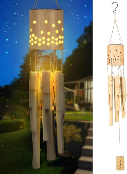 Bamboo Wind Chimes for Outside with Solar Accent Light, Outdoor Wooden Wind Chimes, 6 Bamboo Tubes, Deep Tone, Perfect for Patio, Garden, Porch, and Balcony Decor