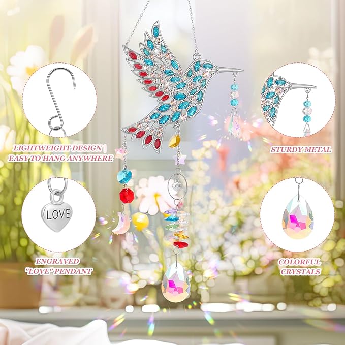 Hummingbird Gifts for Mom Grandma, Crystal Sun Catcher Hanging Indoor Window, Mothers Day Birthday Valentines Day Gifts for Women Bird Lovers, Love Pendant Home Decorations Garden Outdoor (Silver)