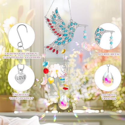 Hummingbird Gifts for Mom Grandma, Crystal Sun Catcher Hanging Indoor Window, Mothers Day Birthday Valentines Day Gifts for Women Bird Lovers, Love Pendant Home Decorations Garden Outdoor (Silver)