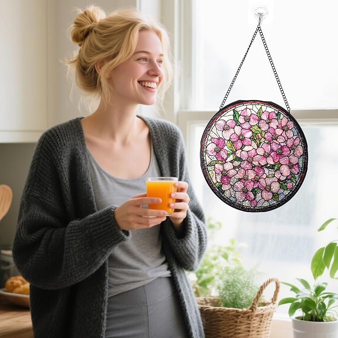 Stained Glass Suncatchers Window Hanging, Flowers Sun Catchers Indoor Window Stained Glass Hanging Garden Decor, Birthday Gifts for Mom Grandma Aunt Sister Bestie 7.8 in