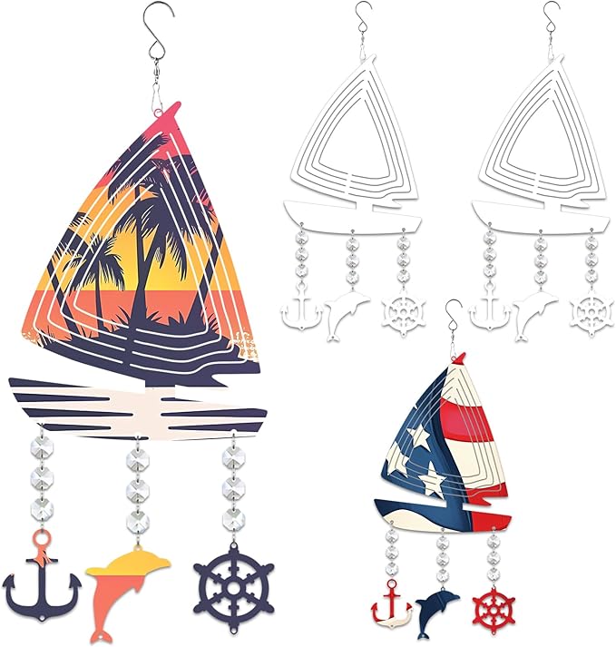 4Pack 10inch Sublimation Wind Spinner Blanks 3D Aluminum Metal Wind Sculpture Kinetic Spinners for Yard and Garden Indoor Art Ornaments Hanging Decoration (Boat)
