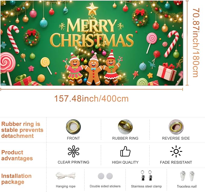 IVN Green Candy Christmas Garage Door Banner 6x13 ft Holiday Backdrop with Gingerbread Ornaments Garage Door Covers Decorative Garage Door Cover Mural for Outdoor Wall Decor