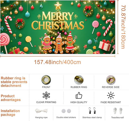 IVN Green Candy Christmas Garage Door Banner 6x13 ft Holiday Backdrop with Gingerbread Ornaments Garage Door Covers Decorative Garage Door Cover Mural for Outdoor Wall Decor