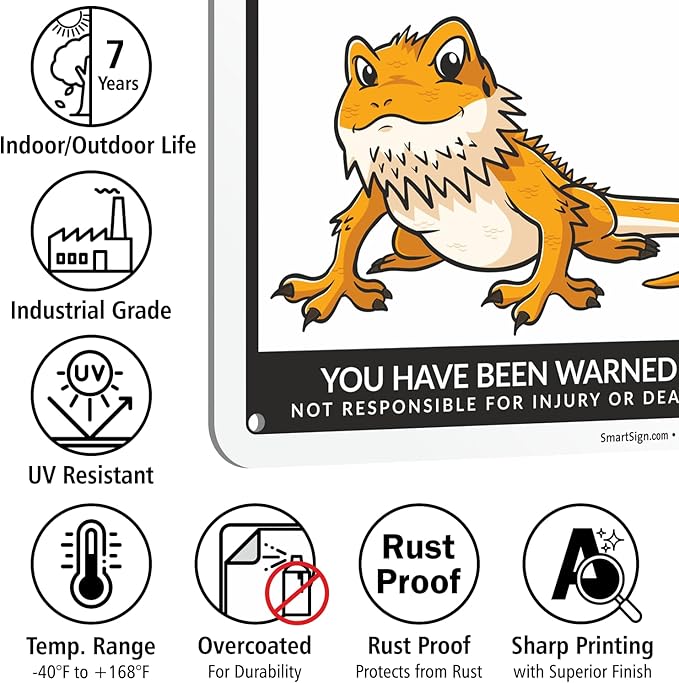 SmartSign Funny Beware Of Bearded Dragons Warning Sign - 10"x7", 40 mil Laminated Rust-free Aluminum - Metal Signs for Wall Decor, Outdoor, Patio, Gifts, Cafe - Dragon Theme, Made in USA