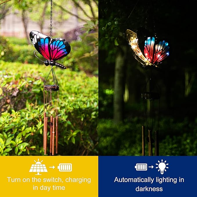Asense Hanging Wind Chimes for Outside, Solar Powered LED Lights Butterfly Wind Chime, Outdoor Garden Lawn Yard Patio Decoration, Unique Decor Gifts